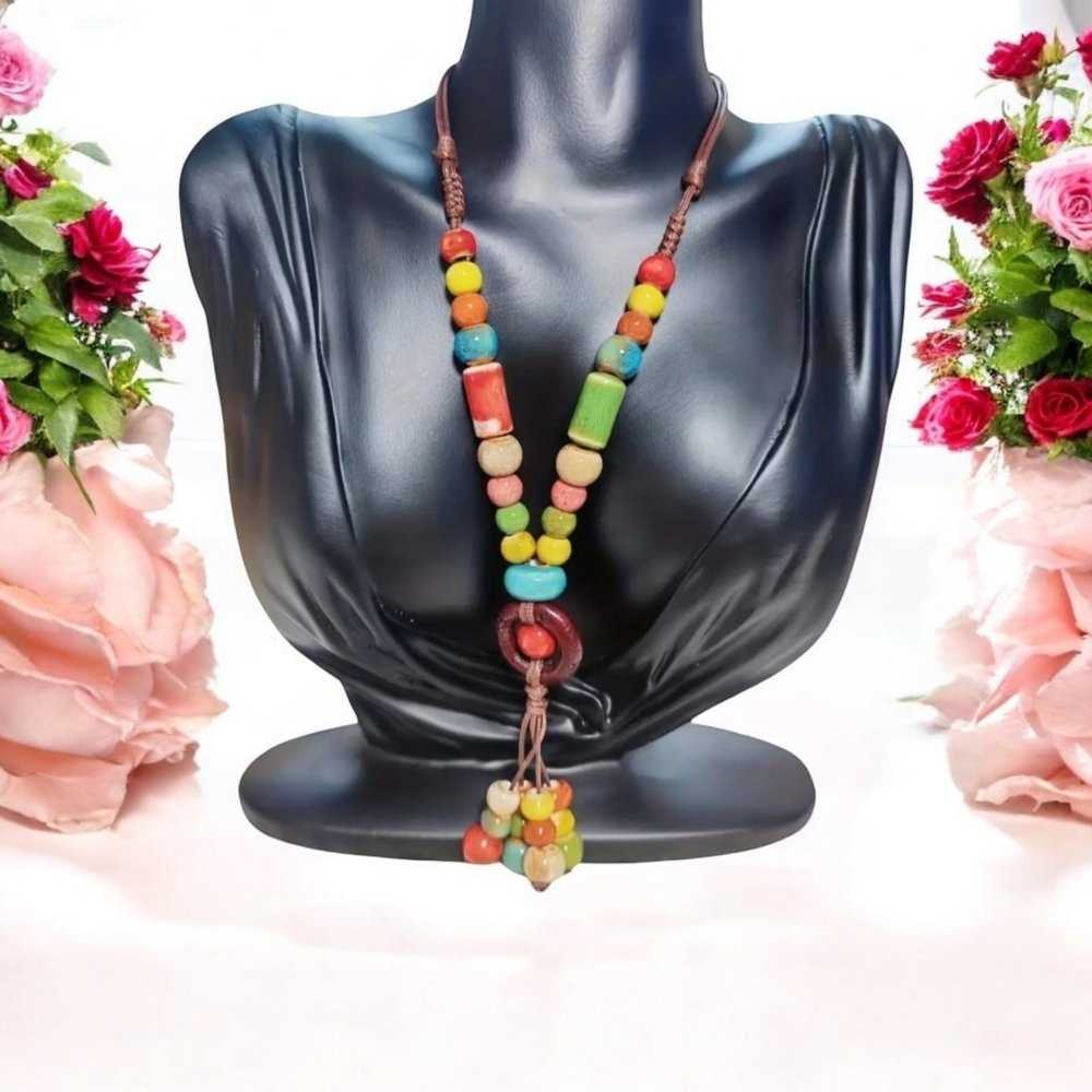 Boho-Chic Colorful Ceramic‎ Necklace Handcrafted High-Temperature Kiln Beads